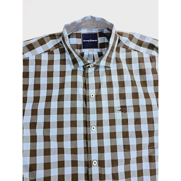 Tommy Bahama Size Large Mens Brown Blue Check Button Down Embroidered Logo Shirt - Picture 13 of 13